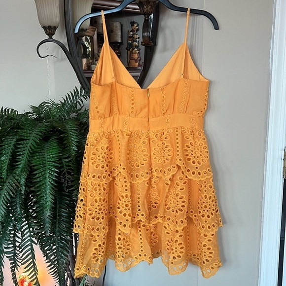 NWOT Lovers + Friends Doreen Mini Dress Mustard Embroidered Eyelet Fully Lined - Picture 9 of 15